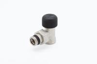 Угловой клапан термостатический. Резьбовое соединение для железной трубы - 1/2”, разъёмное соединение - 1/2” с уплотнительным кольцом. Покрытие - Никель.