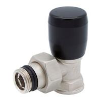 Угловой клапан ручной регулировки, 1/2” х 1/2”. Покрытие - Никель. Маховик ручной регулировки - Чёрный ABS пластик.