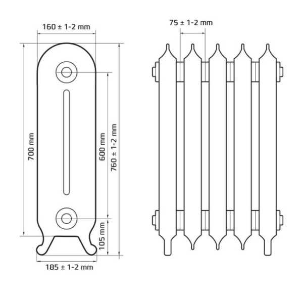 Радиатор чугунный РАДИМАКС TROY 600, 6 секций, TR 600-6s